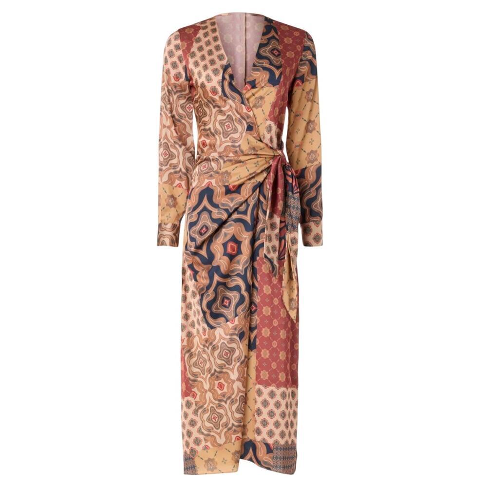 MISA Los Angeles Eliza Patchwork Wrap Dress in Multi Brown, Size M​